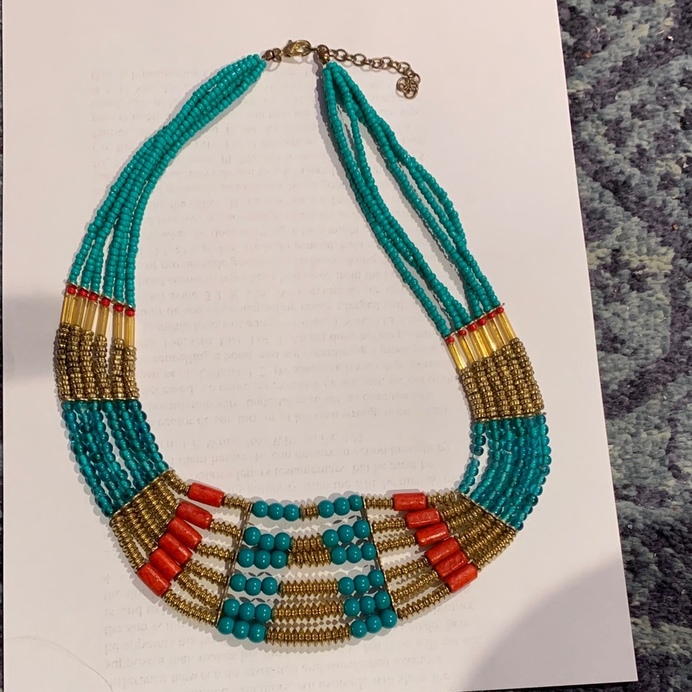 Egyptian style 6 strand turquoise glass beaded necklace 18-20” w 2” extender